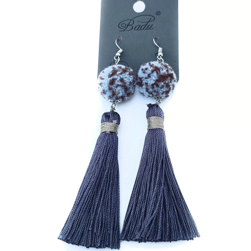 Blue Brown Pom-pom Fringe Earrings